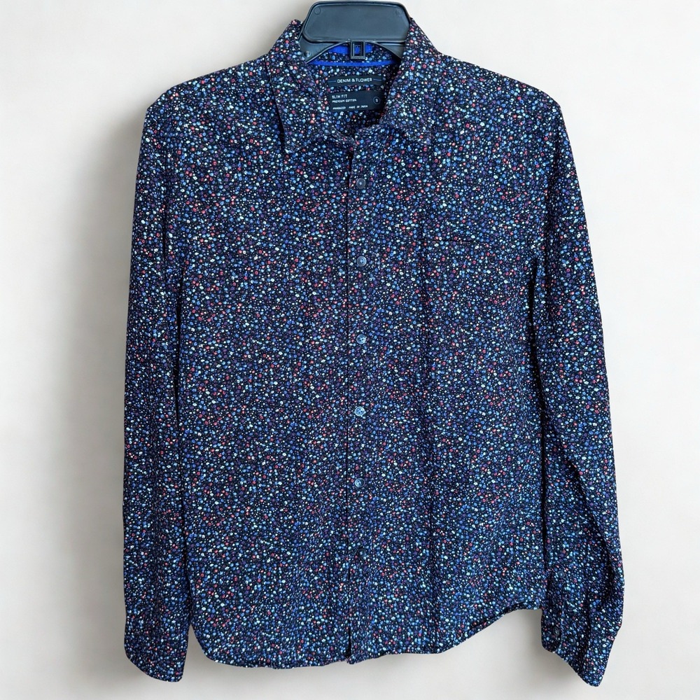 Denim & Flower Women's Top Small Ditsy Floral Navy Blue Button Slim‎ Long Sleeve